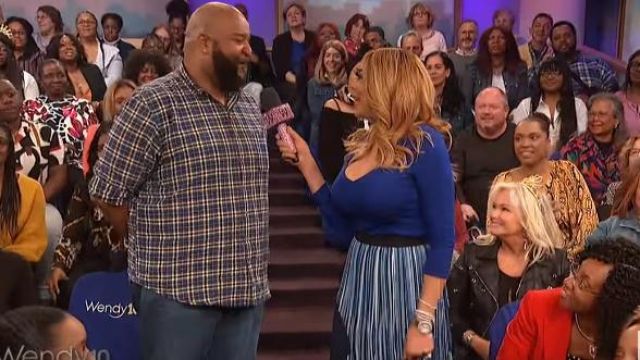 Blue long-sleeve V-neck worn by Wendy Williams on The Wendy Williams Show AUGUST 21, 2019