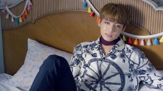 The shirt patterned with Jungkook in the clip Blood Sweat & Tears BTS