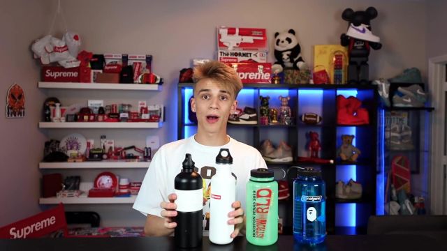 The bottle Supreme white and black Giancarlo Purch aka Blazendary in the YouTube video Top 10 Back to School Essentials!