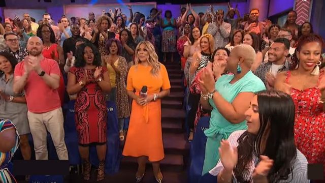 Karen Millen Or­ange Tie Hem Crop Top worn by Wendy Williams on The Wendy Williams Show August 28, 2019