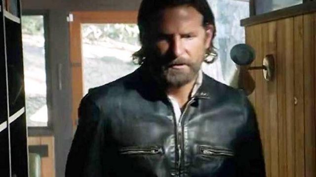 Veste en cuir noir porté par Jack (Bradley Cooper), comme on le voit dans Une Étoile Est Née