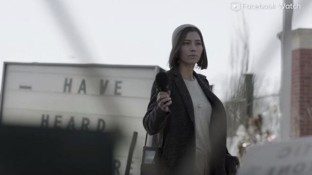 Grey wool coat worn by Lia Haddock (Jessica Biel) as seen in Limetown (Season 1)