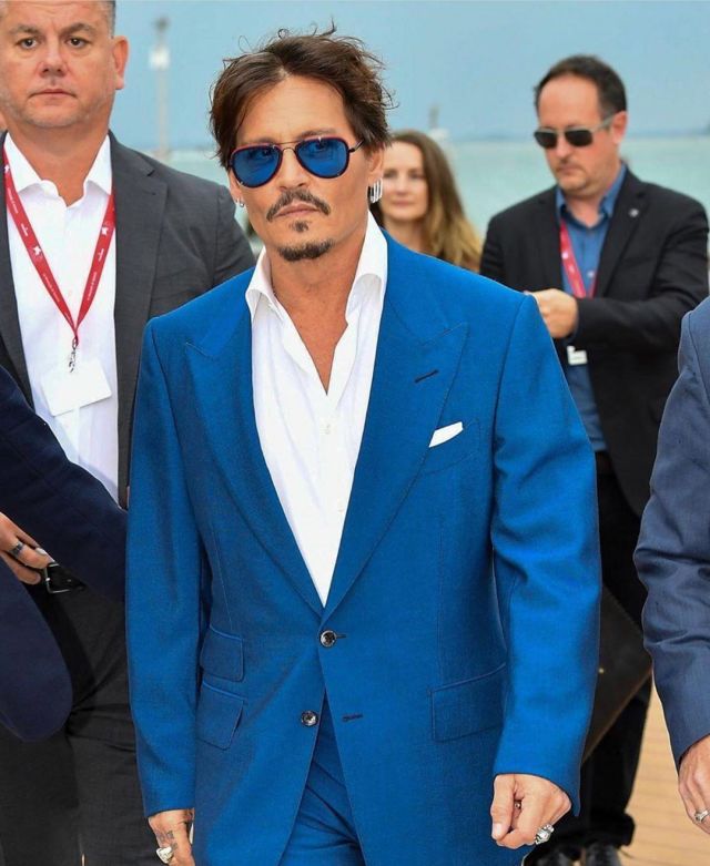 Tom Ford Suit Blazer Blue worn by Johnny Depp Venice Film Festival September 6, 2019