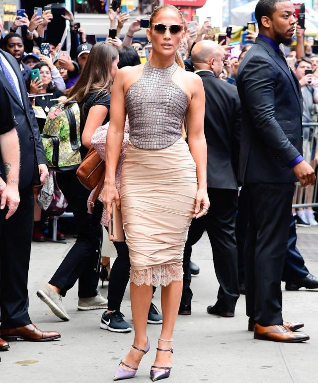 Tom Ford light jersey ruched skirt worn by Jennifer Lopez New York City September 10, 2019