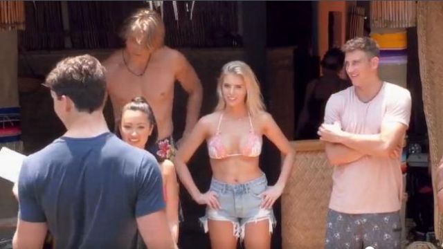 Beach Bunny pink printed bikini top worn by  (Haley Ferguson) in Bachelor in Paradise (S06E08)