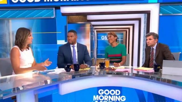 Diane von Furstenberg stripe short sleeve sweater dress worn by Robin Roberts on Good Morning America Weekend SEPTEMBER 4, 2019