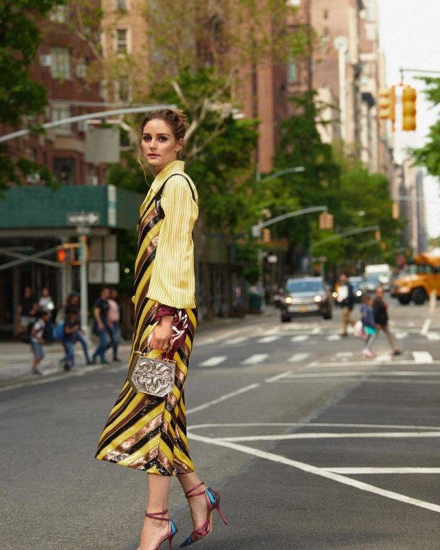 Diane von Furstenberg Luisa striped sequin bodycon dress worn by Olivia Palermo Instagram Pic September 11, 2019