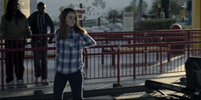 Maurices lace up side plaid button down tunic shirt worn by Marie (Kaitlyn Dever) in Unbelievable Season 1 Episode 8