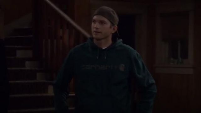 Carharrt Green Delmont Signature Graphic Hooded Sweatshirt worn by Colt Bennett (Ashton Kutcher) in The Ranch Season 4 Episode 3