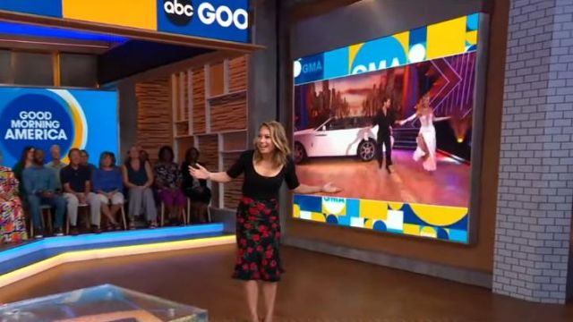 Bcbgmaxazria floral a-line skirt worn by Ginger Zee on Good Morning America Weekend SEPTEMBER 17, 2019