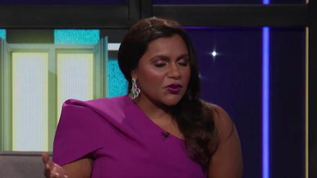 Safiyaa Kora One-Shoulder Crepe Sheath Dress worn by Mindy Kaling on  A Little Late with Lilly Singh September 17, 2019