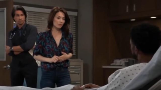 Maeve at Anthropologie Printed Henley Blouse worn by Elizabeth Webber (Rebecca Herbst) as seen on General Hospital September 17, 2019