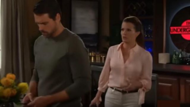 Alice + olivia Pink Tie-sleeve But­ton-down Top worn by Chelsea Lawson Newman (Melissa Claire Egan) as seen on The Young and the Restless September 19, 2019