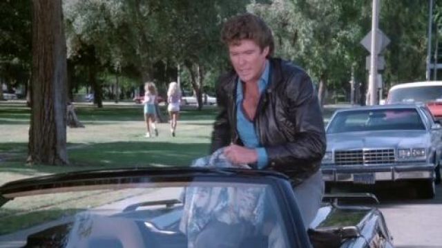 Veste en Cuir noir porté par Michael Knight (David Hasselhoff) dans Knight Rider (S04E05)