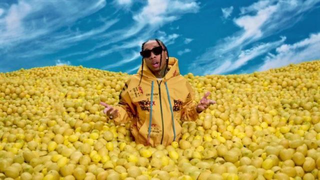 print yellow jacket worn Tyga his Juicy music video with Doja Cat | Spotern