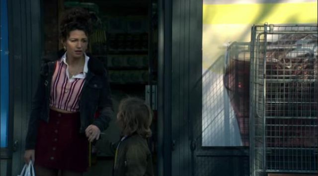 H&M red Suede Skirt worn by Erin (Michelle Keegan) in Brassic Season 1 Episode 2