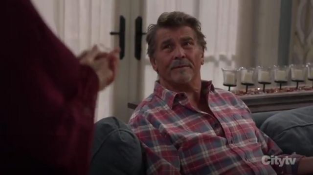 Faherty stretch seaview shirt in red horizon blue worn by John (James Brolin) in Life in Pieces Season 4 Episode 9