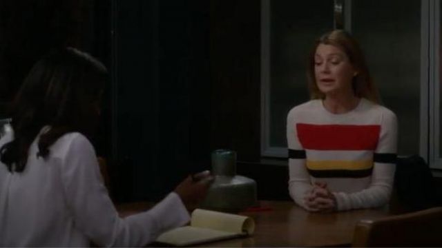 Victoria beckham white red and yellow striped chest sweater worn by Dr. Meredith Grey (Ellen Pompeo) in Grey's Anatomy Season16 Episode 01