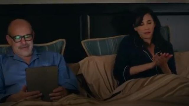 J.Crew blue vintage pajamas worn by Delia (Michaela Watkins) in The Unicorn Season 1 Episode 1