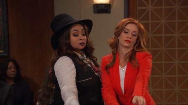 Cinq a Sept red button embellished blazer worn by Chelsea Grayson (Anneliese van der Pol) in Raven's Home Season 03 Episode 07