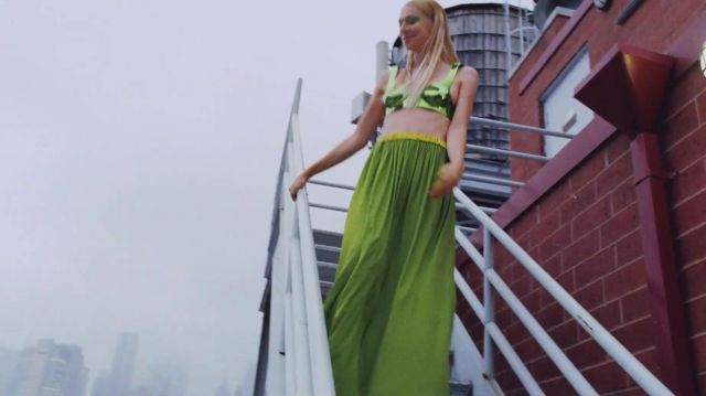 The long skirt green Hunter Schafer in the video Euphoria's Hunter Schafer Has an Adventure in New York's Best Collections for Vogue