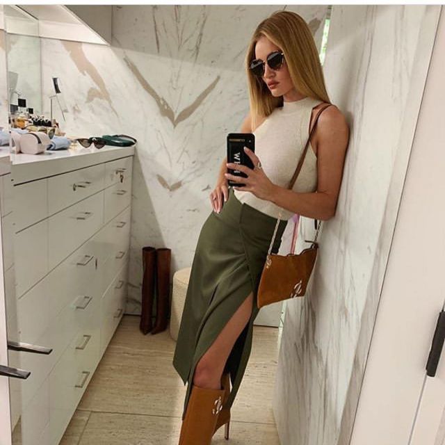 Victoria Beckham n belted wrap effect wool twill midi skirt worn by Rosie Huntington-Whiteley Instagram September 30, 2019