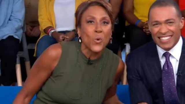 Yigal Azrouël patchwork knit dress worn by Robin Roberts on Good Morning America Weekend October 1, 2019