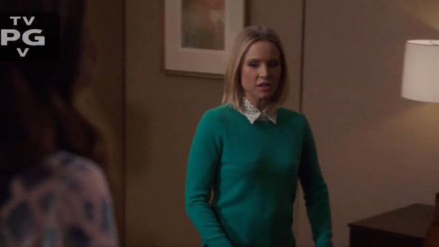J Crew green manga larga todos los días suéter de cachemira de cuello redondo usado por Eleanor Shellstrop (Kristen Bell) en The Good Place Temporada 4 Episodio 2