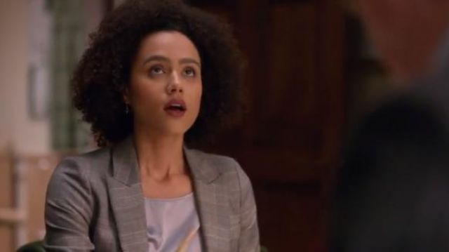 Emporio Armani Ice Grey Stretch-Silk Satin Top in Light Blue worn by Maya (Nathalie Emmanuel) in Four Weddings and a Funeral Season 1 Episode 8