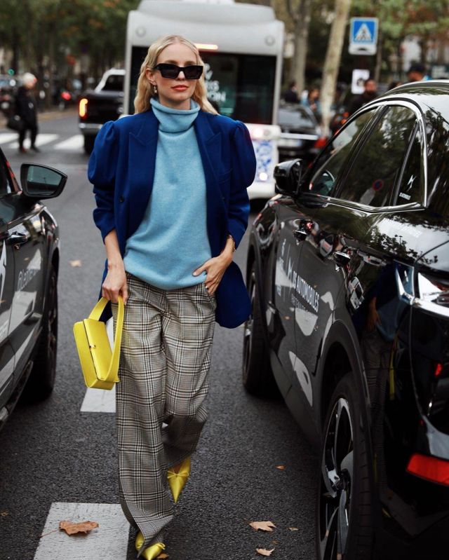 Pushbutton Blue Dou­ble-breast­ed wool-crepe blaz­er worn by Leonie Hanne on the Instagram account @leoniehanne in Paris October 8, 2019
