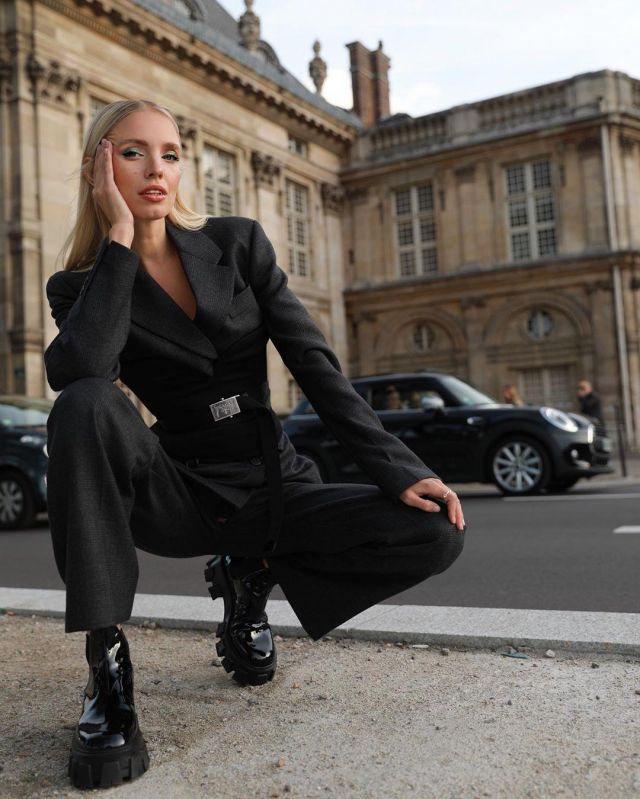 Prada black suit pant worn by Leonie Hanne on the Instagram account @leoniehanne in Paris September 30, 2019