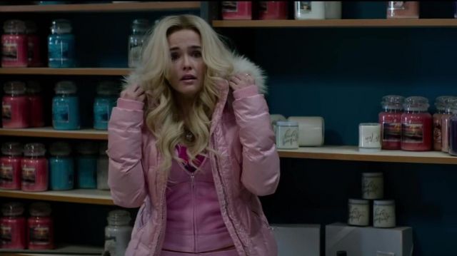 Down jacket pink hooded fur worn by Madison (Zoey Deutch) in Back to Zombieland