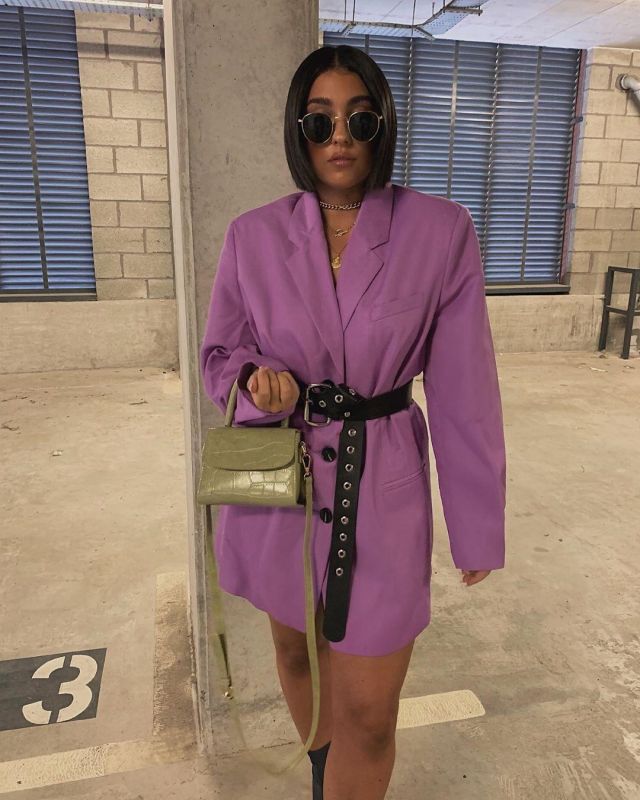 Asos design oversized dad blazer in lilac worn by Hannah Whiting on the Instagram account @imhannahwhiting