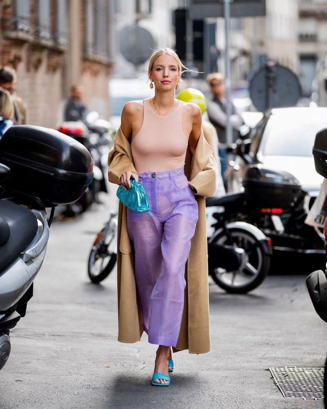 Nanushka Light Purple Suit Pant worn by Leonie Hanne on the Instagram account @leoniehanne in Milan September 21, 2019