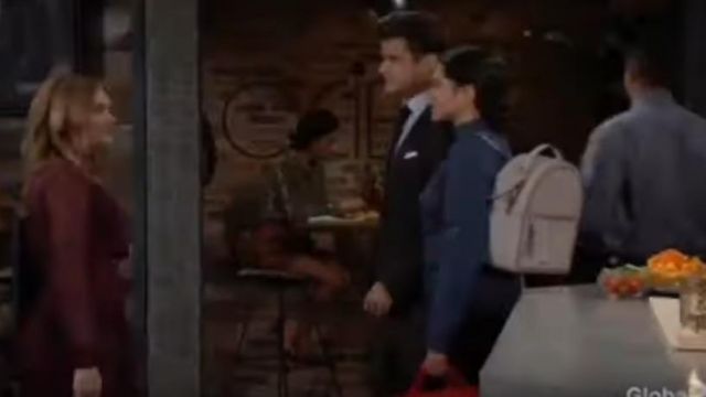 Calpak Kaya Faux Leather Round Backpack in Stone worn by Lola Rosales (Sasha Calle) in The Young and the Restless October 9, 2019