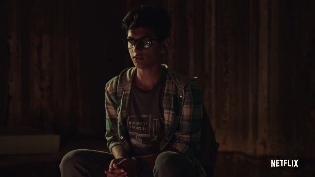 Long sleeve flannel jacket with hoodie worn by Vrund Rao in The Unlisted
