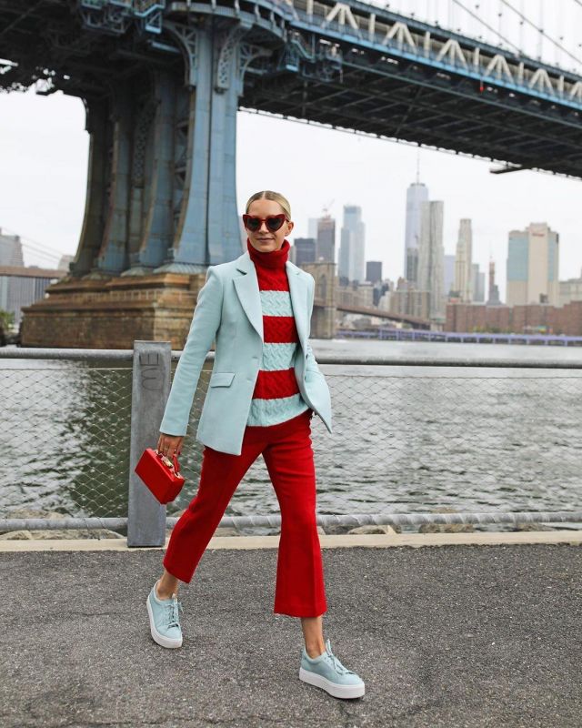 Red flare slacks of Blaire Eadie on the Instagram account @blaireadiebee