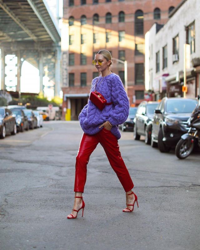 Red shiny pants of Blaire Eadie on the Instagram account @blaireadiebee