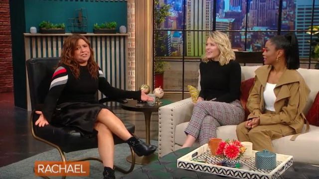 Threads of prvlg black com­bo striped cash­mere sweater worn by Rachael Ray on The Rachael Ray Show October 11, 2019