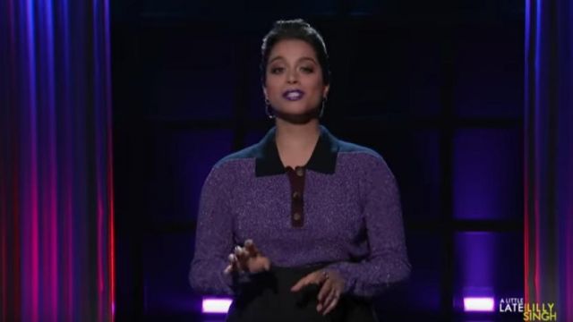 Rachel comey collins top in pur­ple worn by Lilly Singh on A Little Late with Lilly Singh September 30, 2019