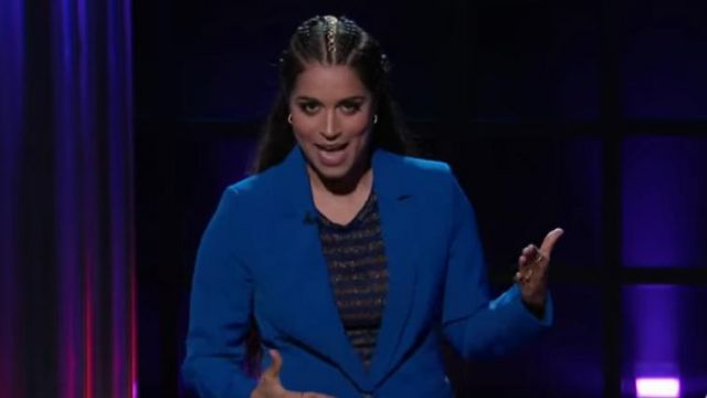 Rachel comey booth tee in blue worn by Lilly Singh on A Little Late with Lilly Singh October 7, 2019