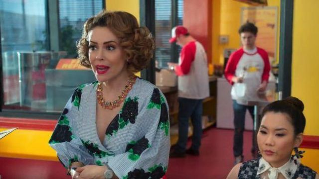 Ganni gingham floral embellished wrap top worn by Coralee Armstrong (Alyssa Milano) in Insatiable Season 02 Episode 04