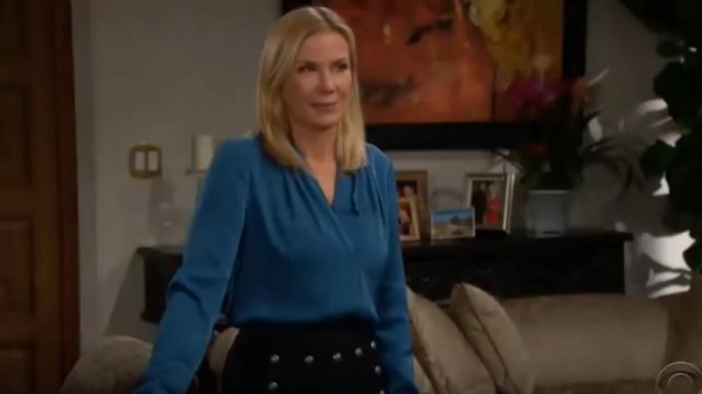 Kobi Halperin nel­lie silk-blend pleat­ed blouse in Topaz worn by Brooke Logan (Katherine Kelly Lang) as seen on The Bold and the Beautiful October 15, 2019