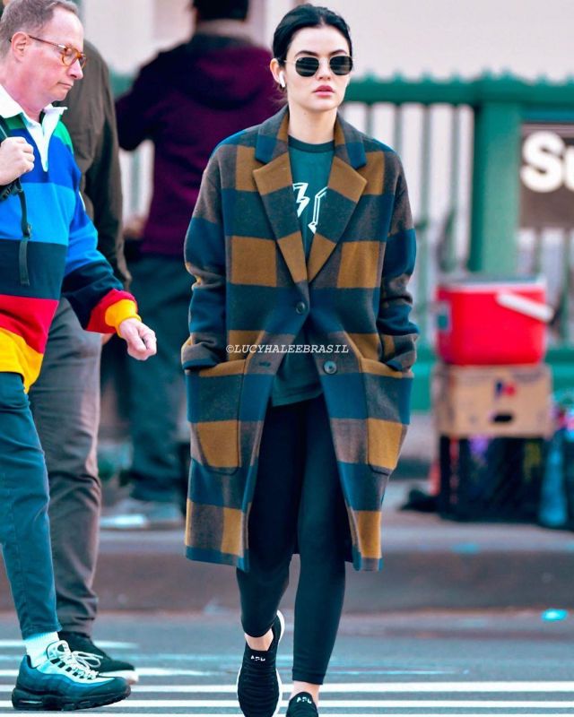 Madewell Elmcourt Buffalo Check Coat worn by Lucy Hale New York City October 16, 2019