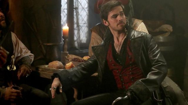 The black outfit and red of Captain Killian 'Hook' Jones (Colin O'donoghue) on Once Upon a Time