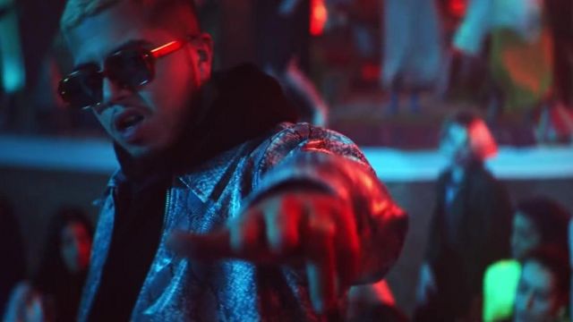 Le blouson en cuir en peau de serpent gris marron porté par Hamza dans Hamza - Dale x Love Therapy feat. Aya Nakamura (Clip officiel)
