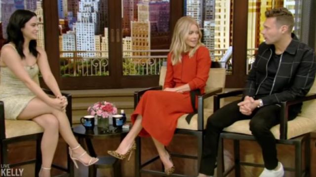 Cefinn Belted Voile Midi Dress Red worn by Kelly Ripa on LIVE with