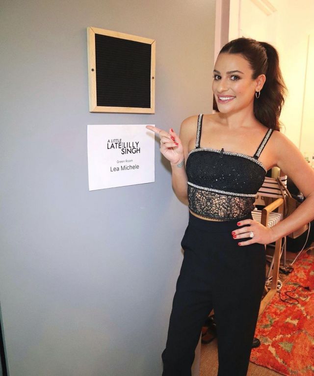 Self Portrait Sequin Circle Lace Top worn by Lea Michele A Little Late with Lilly Singh October 24, 2019