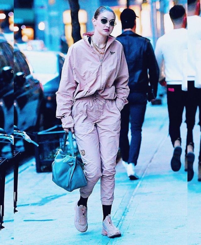 Reebok Gigi Hadid Track Jacket in Field Tan worn by Jelena Noura "Gigi" Hadid New York City October 25, 2019