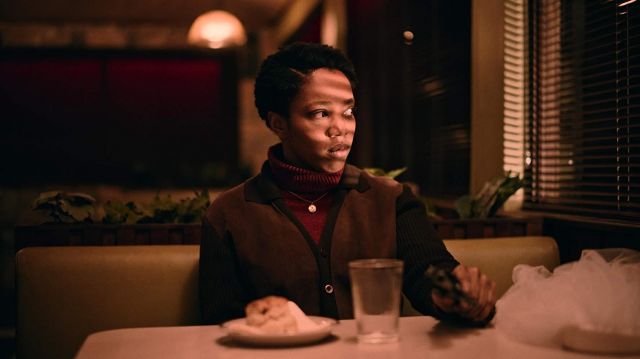 Turtleneck jumper in red burgundy worn by Bonnie (Naomi Ackie) in The End of the F***ing World (Season 2)